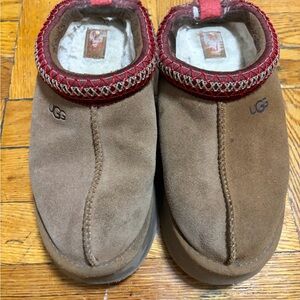 UGG Tan Suede Slippers with Red Accents